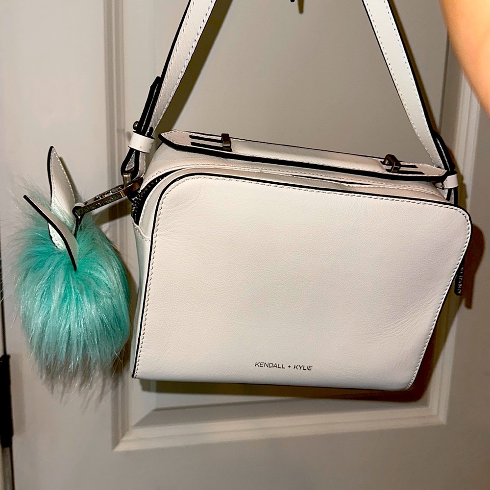 Kendall + Kylie White Cross Body Bag with Blue Pom Pom